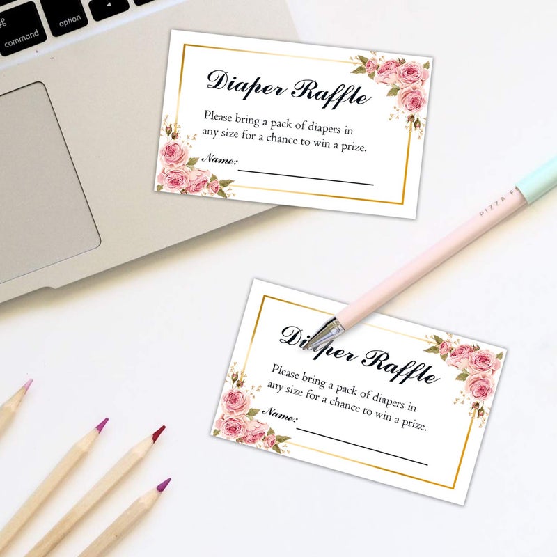 Giftideaworkshop 50 Floral Diaper Raffle Tickets for Baby Shower, Pink Floral Diaper Raffle Ticket Lottery Insert Cards, Bring a Pack of Diapers to Win Favors, Baby Shower Games for Girls. - Image 4